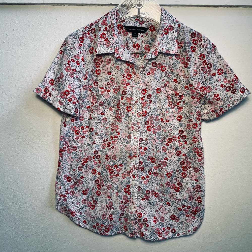 🌺TOMMY HILFIGER Cotton Button-Front Shirt Rolled Sleeve in Floral Print🌷